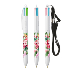 BIC® Kunststoff-Kugelschreiber mit Band zum Umhängen und 4-farbiger Tinte farbe weiß