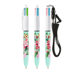 BIC® Kunststoff-Kugelschreiber mit Band zum Umhängen und 4-farbiger Tinte farbe weiß