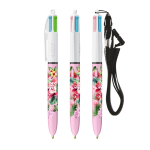 BIC® Kunststoff-Kugelschreiber mit Band zum Umhängen und 4-farbiger Tinte farbe weiß