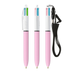 BIC® Kunststoff-Kugelschreiber mit Band zum Umhängen und 4-farbiger Tinte farbe pastellrose