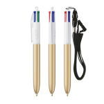 Kugelschreiber aus Kunststoff mit Umhängeband und 4-Farben-Tinte BIC® farbe gold