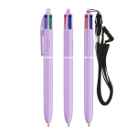 Kugelschreiber aus Kunststoff in Pastelltönen mit Umhängeband und 4-farbiger Tinte BIC® farbe lila