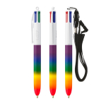 Kugelschreiber aus Kunststoff in Regenbogenfarben mit Band und 4 Farben Tinte BIC® farbe mehrfarbig