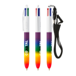 Kugelschreiber aus Kunststoff in Regenbogenfarben mit Band und 4 Farben Tinte BIC® farbe mehrfarbig