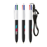Kugelschreiber aus recyceltem Kunststoff mit Umhängeband und 4-Farben-Tinte BIC® farbe weiß