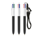 Kugelschreiber aus recyceltem Kunststoff mit Umhängeband und 4-Farben-Tinte BIC® farbe weiß/schwarz