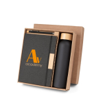 Büroset mit Glasflasche 520 ml, A5-Notizblock und Kugelschreiber mit blauer Tinte farbe schwarz Ansicht mit Logo 1