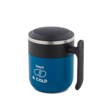 Doppelwandiger Reisebecher mit matter Oberfläche und rutschfester Basis 400 ml farbe blau Ansicht mit Logo 1