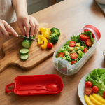 Multifunktionale Lunchbox mit Schraubdeckel und wiederverwendbarem Besteck farbe rot