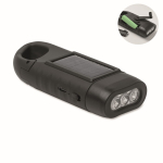 Robuste Kunststoff-Taschenlampe mit 3 LEDs, Solarpanel und Handkurbel-Dynamo farbe schwarz