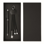 Geschenkset mit Metallkugelschreiber und Schlüsselanhänger mit 2-in-1-Ladekabel farbe schwarz sechste Ansicht