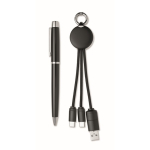 Geschenkset mit Metallkugelschreiber und Schlüsselanhänger mit 2-in-1-Ladekabel farbe schwarz
