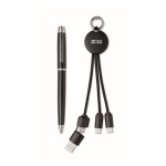 Geschenkset mit Metallkugelschreiber und Schlüsselanhänger mit 2-in-1-Ladekabel farbe schwarz Ansicht mit Druckbereich