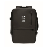 Erweiterbarer Rucksack aus RPET 600D mit Fächern und Trolleyband 20 L farbe schwarz Ansicht mit Druckbereich