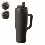 Auslaufsicherer Thermobecher aus recyceltem Edelstahl mit Griff und Strohhalm 900 ml farbe schwarz