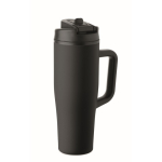 Auslaufsicherer Thermobecher aus recyceltem Edelstahl mit Griff und Strohhalm 900 ml farbe schwarz zweite Ansicht