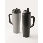 Auslaufsicherer Thermobecher aus recyceltem Edelstahl mit Griff und Strohhalm 900 ml farbe schwarz neunte Ansicht