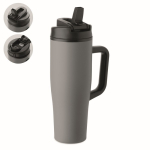 Auslaufsicherer Thermobecher aus recyceltem Edelstahl mit Griff und Strohhalm 900 ml farbe grau