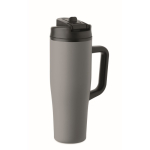 Auslaufsicherer Thermobecher aus recyceltem Edelstahl mit Griff und Strohhalm 900 ml farbe grau zweite Ansicht
