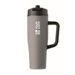 Auslaufsicherer Thermobecher aus recyceltem Edelstahl mit Griff und Strohhalm 900 ml farbe grau Ansicht mit Druckbereich