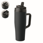 Auslaufsicherer Thermobecher aus recyceltem Edelstahl mit Griff und Strohhalm 900 ml farbe marineblau