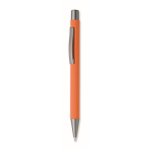 Druckkugelschreiber aus recyceltem Aluminium mit gummierter Oberfläche und blauer Tinte farbe orange