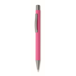 Druckkugelschreiber aus recyceltem Aluminium mit gummierter Oberfläche und blauer Tinte farbe pink