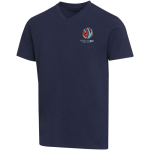 Unisex-T-Shirt mit V-Ausschnitt aus Bio-Baumwolle und Elasthan, 200 g/m², Elevate farbe marineblau Ansicht mit Siebdruck