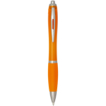 Kugelschreiber aus recyceltem Kunststoff mit farblich passender Griffzone, schwarze Tinte farbe orange