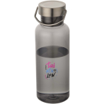 Trinkflasche aus recyceltem Kunststoff mit Edelstahl-Schraubverschluss und Tragegriff, 600 ml farbe schwarz Ansicht mit Tampondruck