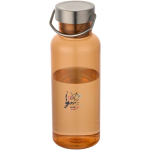 Trinkflasche aus recyceltem Kunststoff mit Edelstahl-Schraubverschluss und Tragegriff, 600 ml farbe orange Ansicht mit Tampondruck