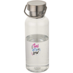 Trinkflasche aus recyceltem Kunststoff mit Edelstahl-Schraubverschluss und Tragegriff, 600 ml farbe transparent Ansicht mit Tampondruck