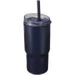 Doppelwandiger Thermobecher mit auslaufsicherem Deckel und Trinkhalm, 540 ml farbe marineblau