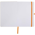 A5-Notizbuch mit festem Einband, Gummibandverschluss und Soft-Touch-Oberfläche, liniert farbe orange dritte Vorderansicht
