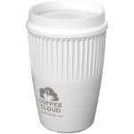 Wiederverwendbarer Becher mit 360°-Deckel und Isolierrand 350 ml farbe weiß Druckansicht des Logos 2