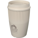 Wiederverwendbarer Becher mit 360°-Deckel und Isolierrand 350 ml farbe sandbraun Druckansicht des Logos 2