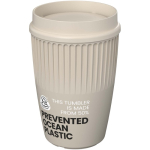 Wiederverwendbarer Becher mit 360°-Deckel und Isolierrand 350 ml farbe sandbraun Ansicht mit Logo