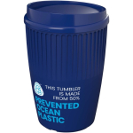 Einwandiger Mehrwegbecher aus recyceltem Kunststoff 350 ml farbe blau Ansicht mit Logo