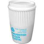 Einwandiger Mehrwegbecher aus recyceltem Kunststoff 350 ml farbe weiß Ansicht mit Logo