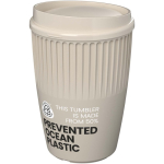 Einwandiger Mehrwegbecher aus recyceltem Kunststoff 350 ml farbe sandbraun Ansicht mit Logo