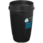 Einwandiger Becher mit 360°-Deckel und Isolierrand 350 ml farbe schwarz Ansicht mit Logo