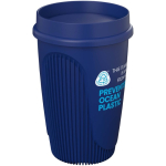 Einwandiger Becher mit 360°-Deckel und Isolierrand 350 ml farbe blau Ansicht mit Logo