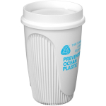 Einwandiger Becher mit 360°-Deckel und Isolierrand 350 ml farbe weiß Ansicht mit Logo