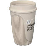 Einwandiger Becher mit 360°-Deckel und Isolierrand 350 ml farbe sandbraun Ansicht mit Logo