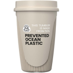 Einwandiger Becher mit 360°-Deckel und Isolierrand 350 ml farbe sandbraun zweite Ansicht mit Logo