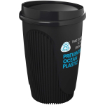 Wiederverwendbarer Becher mit Klappdeckel und Isolierring 350 ml farbe schwarz Ansicht mit Logo