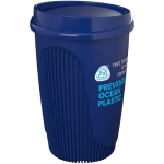 Wiederverwendbarer Becher mit Klappdeckel und Isolierring 350 ml farbe blau Ansicht mit Logo