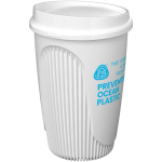 Wiederverwendbarer Becher mit Klappdeckel und Isolierring 350 ml farbe weiß Ansicht mit Logo