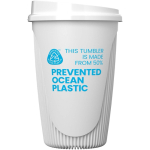 Wiederverwendbarer Becher mit Klappdeckel und Isolierring 350 ml farbe weiß zweite Ansicht mit Logo