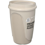 Wiederverwendbarer Becher mit Klappdeckel und Isolierring 350 ml farbe sandbraun Ansicht mit Logo